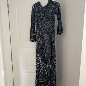 Primavera Couture Black Bell Sleeve Cocktail Gown
